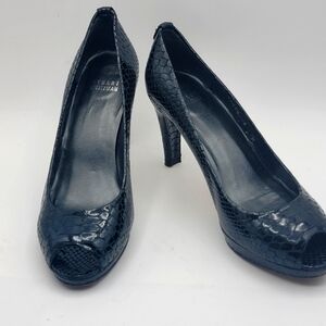 Stuart Weitzman, Blue/Black Snake‎ Skin PeepToe Heels. Size 8M.  #1213